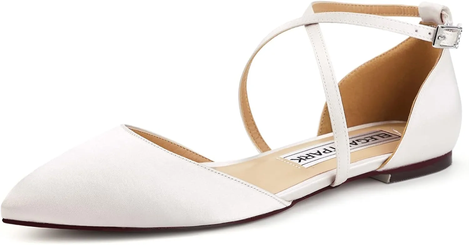 ELEGANTPARK FC2322 Comfortable Satin Pointed Toe Flats for Women Ankle Straps Wedding Flats for Bride Shoes Evening Party Guest Shoes for Women Dressy Low Heel
