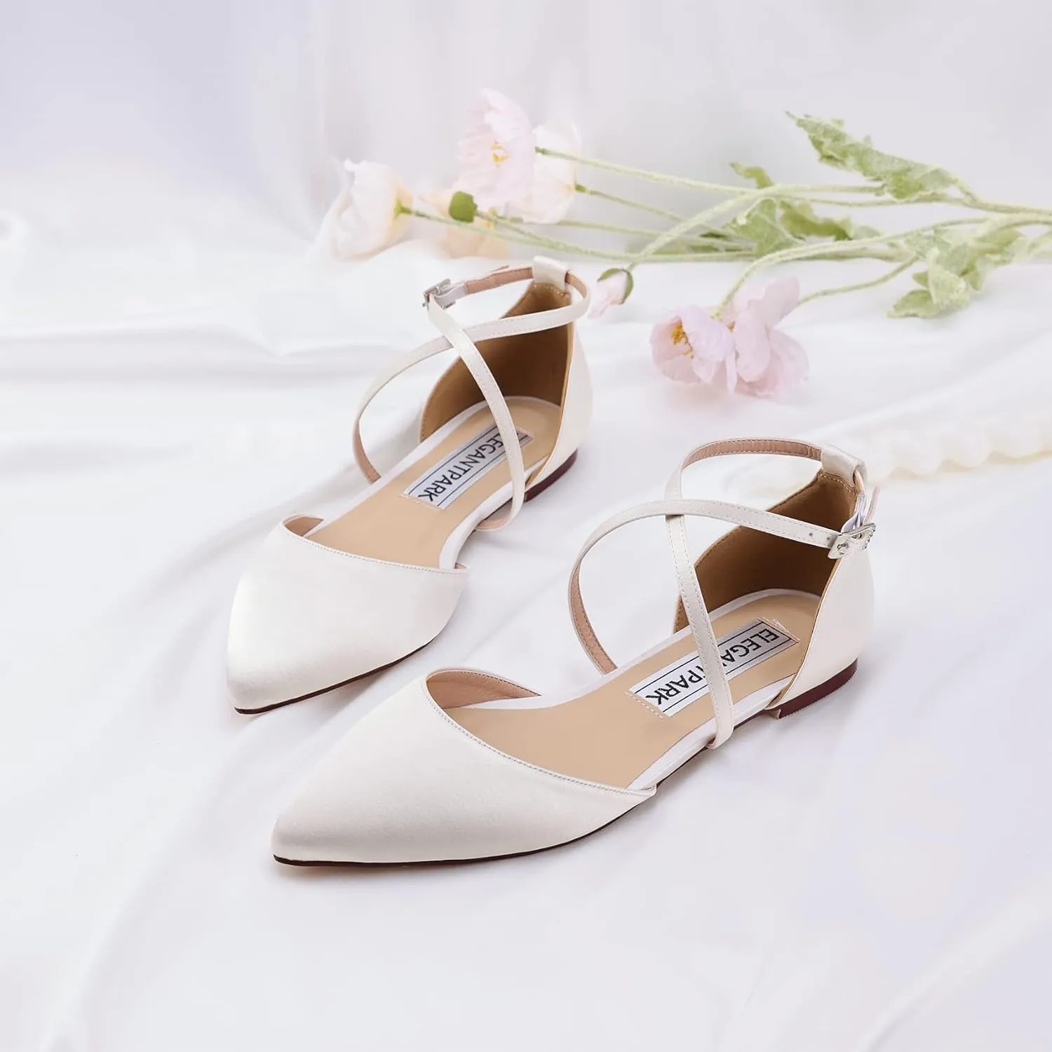 ELEGANTPARK FC2322 Comfortable Satin Pointed Toe Flats for Women Ankle Straps Wedding Flats for Bride Shoes Evening Party Guest Shoes for Women Dressy Low Heel