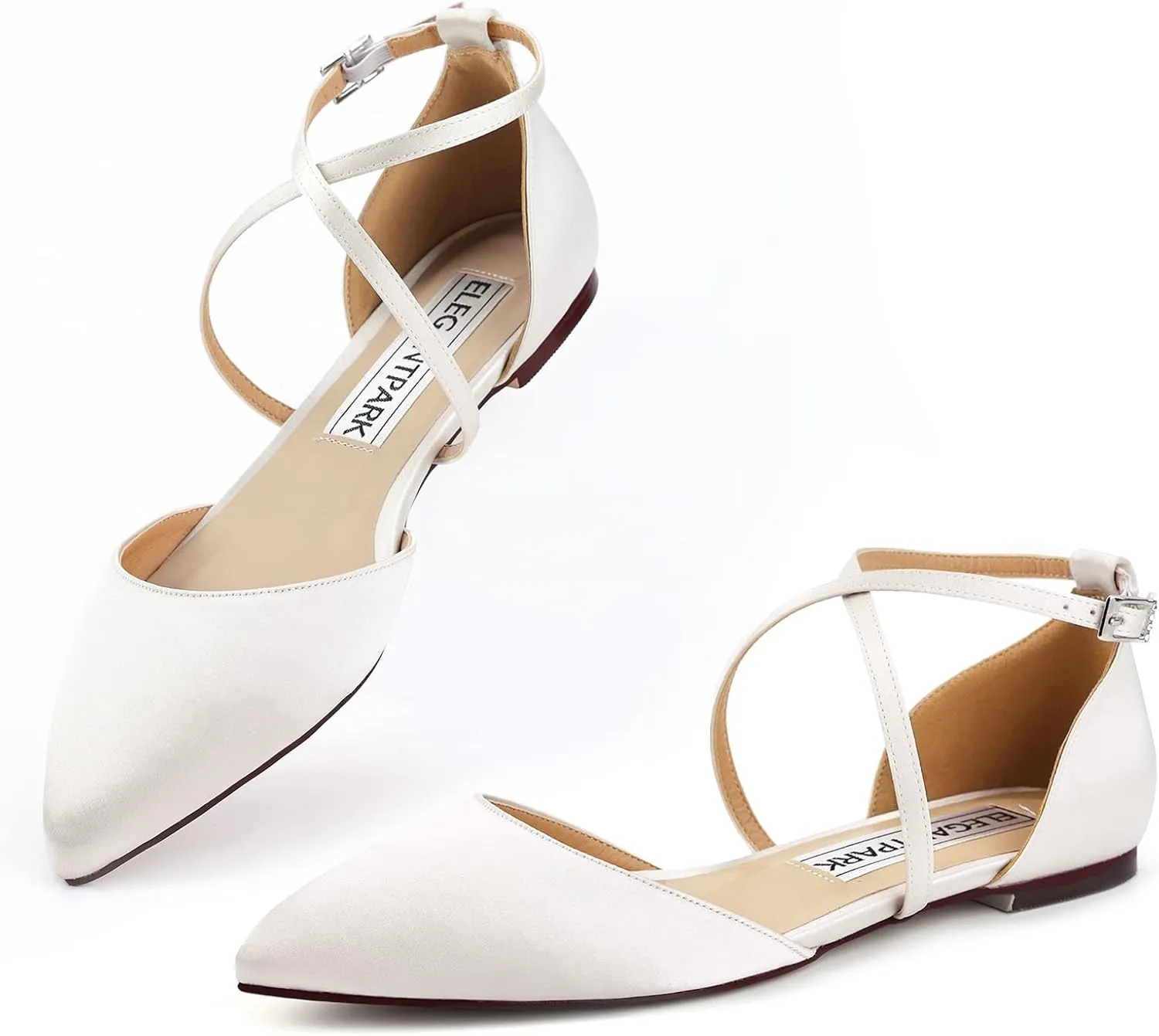 ELEGANTPARK FC2322 Comfortable Satin Pointed Toe Flats for Women Ankle Straps Wedding Flats for Bride Shoes Evening Party Guest Shoes for Women Dressy Low Heel