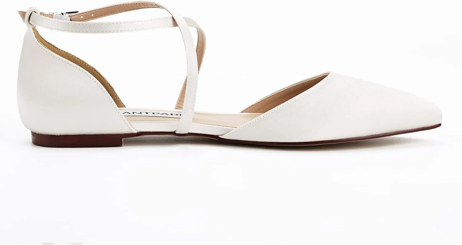 ELEGANTPARK FC2322 Comfortable Satin Pointed Toe Flats for Women Ankle Straps Wedding Flats for Bride Shoes Evening Party Guest Shoes for Women Dressy Low Heel