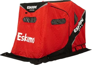 Eskimo Eskape 2000, Flip-Style Sled Ice Fishing Shelter, Insulated, Red/Black, 1-2 Person Capacity, Two Person Versatile Bench Seat, Gray Interior, 44100