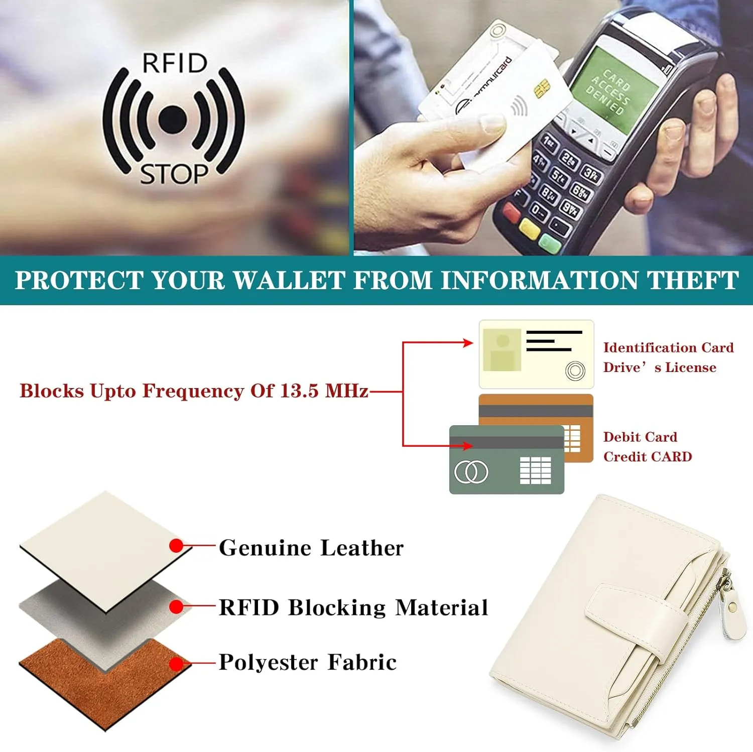 Falan Mule Women's Genuine Leather Wallet, Compact Size, RFID Blocking, Includes Coin Pouch, Card Holders, Lightweight