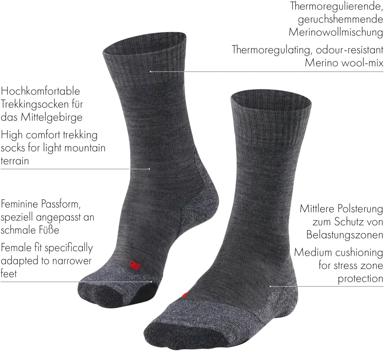FALKE Women's TK2 Explore Hiking Socks, Crew, Quick Dry, Merino Wool, 1 Pair