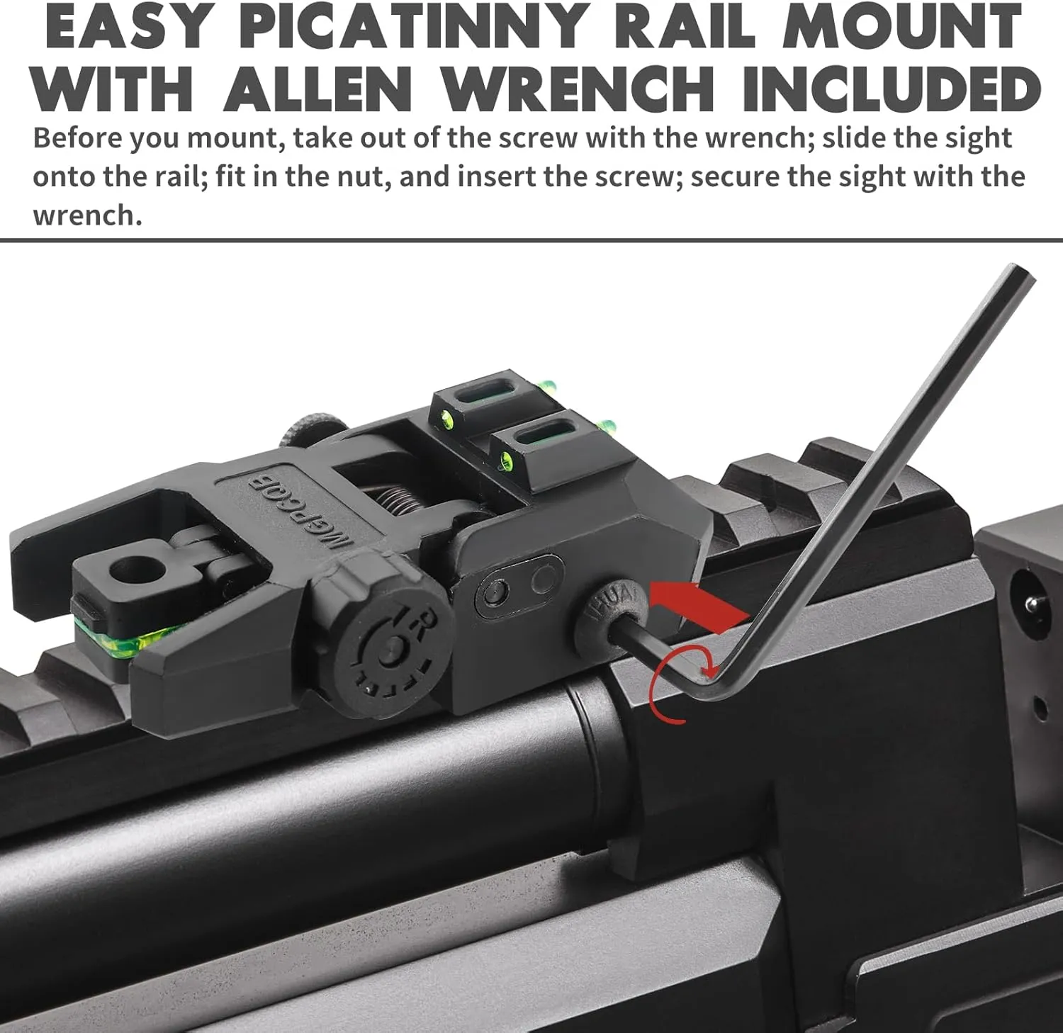 Fiber Optic Sights, Flip Up Front and Rear Backup Sights with Green Red Fiber Optics Dots, Tool-Free Adjustable Front Sight Rapid Transition