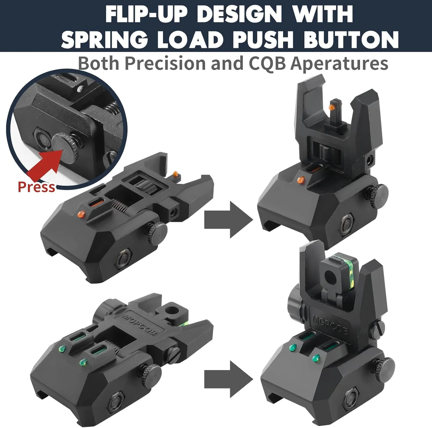 Fiber Optic Sights, Flip Up Front and Rear Backup Sights with Green Red Fiber Optics Dots, Tool-Free Adjustable Front Sight Rapid Transition