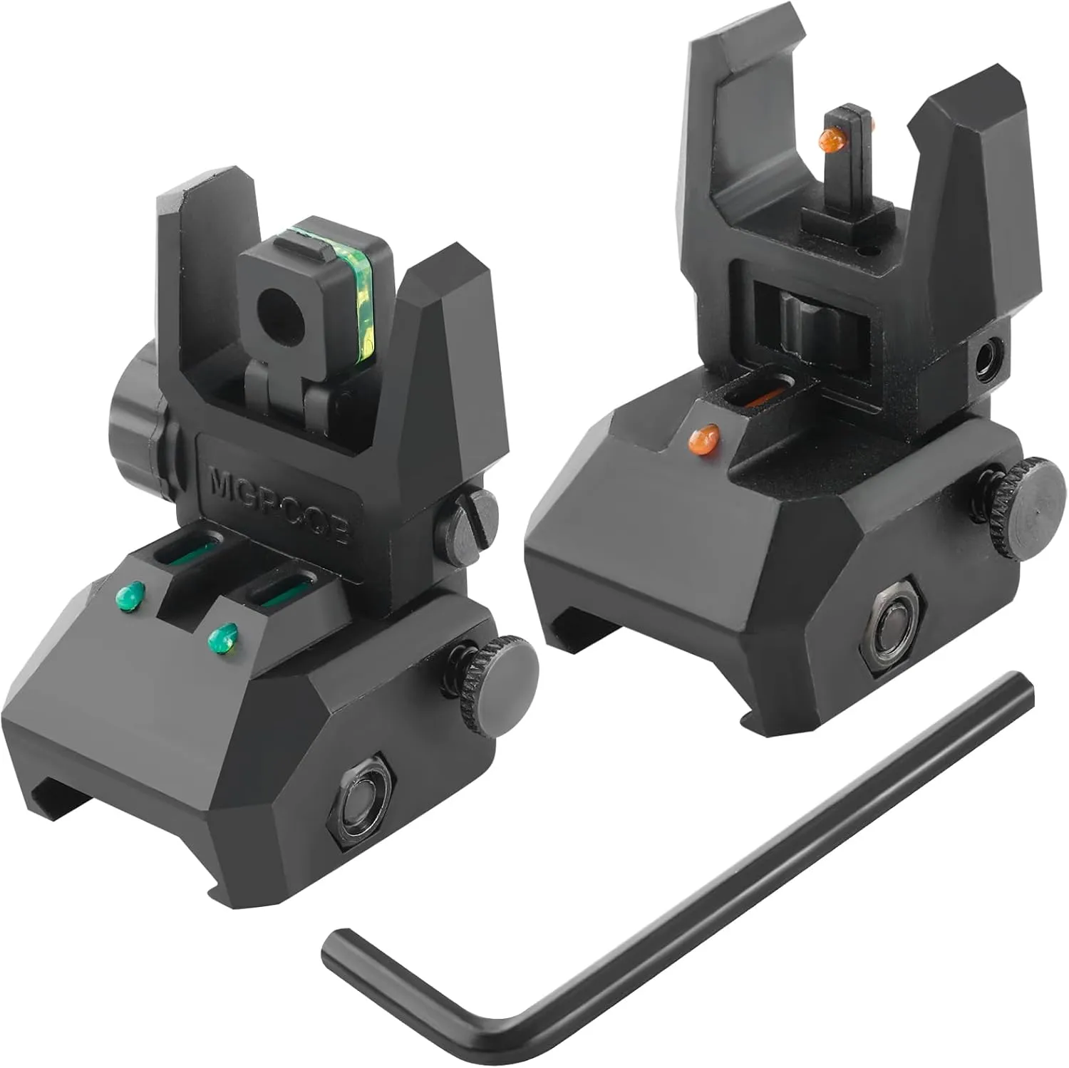 Fiber Optic Sights, Flip Up Front and Rear Backup Sights with Green Red Fiber Optics Dots, Tool-Free Adjustable Front Sight Rapid Transition