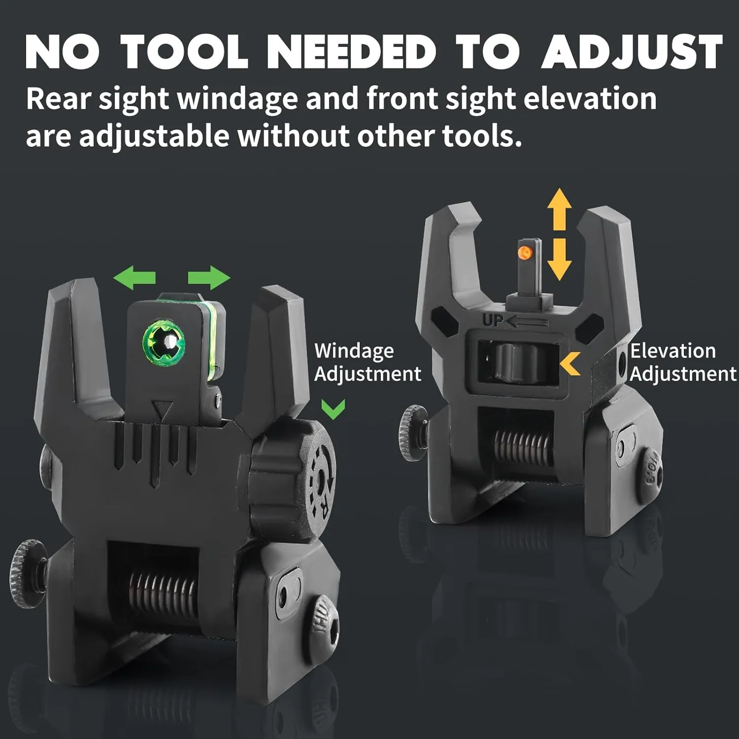 Fiber Optic Sights, Flip Up Front and Rear Backup Sights with Green Red Fiber Optics Dots, Tool-Free Adjustable Front Sight Rapid Transition