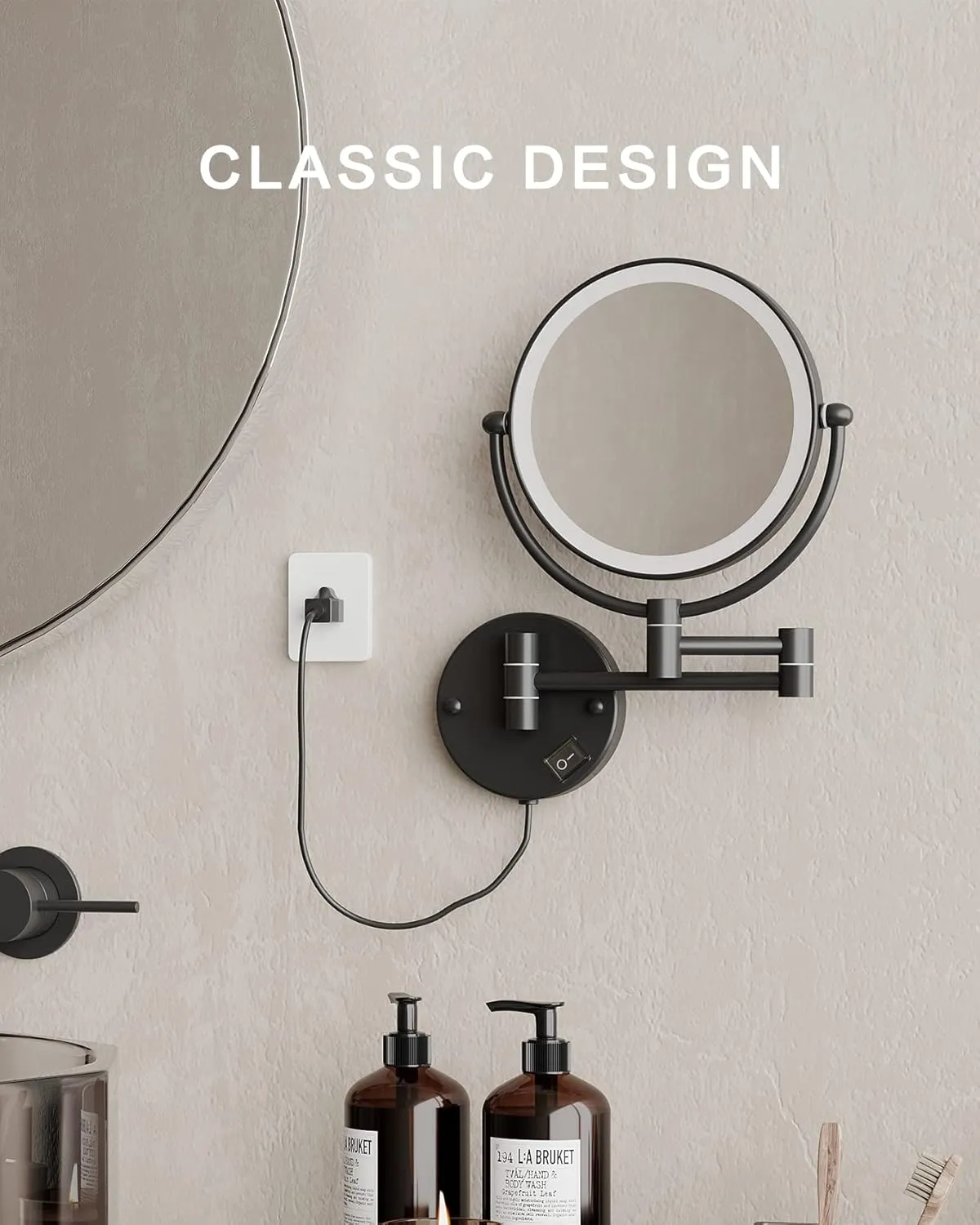Fixsen 8 Inch LED Wall Mount Two-Sided Magnifying Makeup Vanity Mirror 12 Inch Extension Matte Black 1X/10X Magnification Plug 360 Degree Rotation Waterproof Button Shaving Mirror