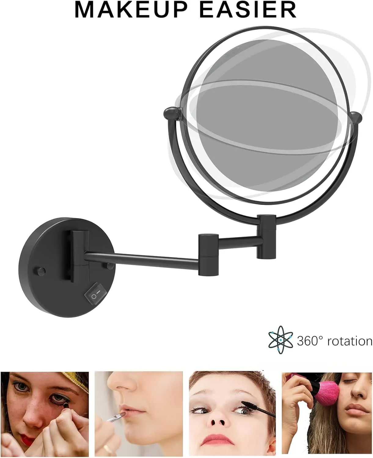 Fixsen 8 Inch LED Wall Mount Two-Sided Magnifying Makeup Vanity Mirror 12 Inch Extension Matte Black 1X/10X Magnification Plug 360 Degree Rotation Waterproof Button Shaving Mirror
