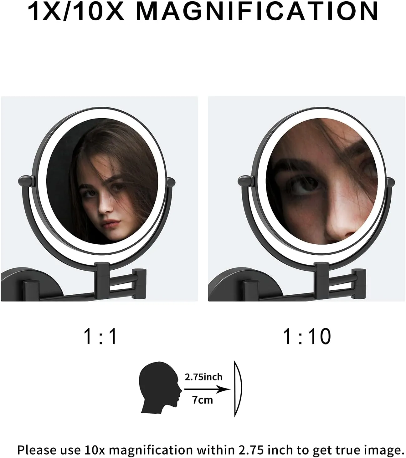 Fixsen 8 Inch LED Wall Mount Two-Sided Magnifying Makeup Vanity Mirror 12 Inch Extension Matte Black 1X/10X Magnification Plug 360 Degree Rotation Waterproof Button Shaving Mirror