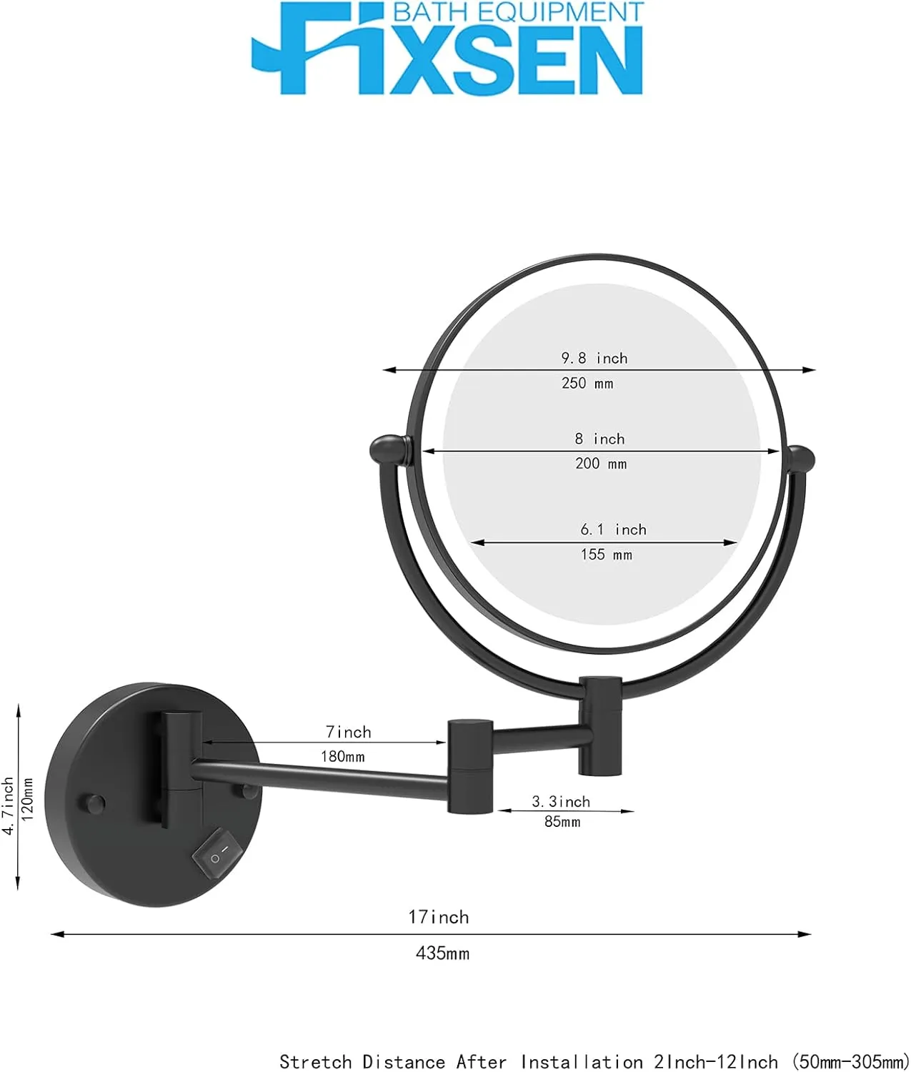 Fixsen 8 Inch LED Wall Mount Two-Sided Magnifying Makeup Vanity Mirror 12 Inch Extension Matte Black 1X/10X Magnification Plug 360 Degree Rotation Waterproof Button Shaving Mirror
