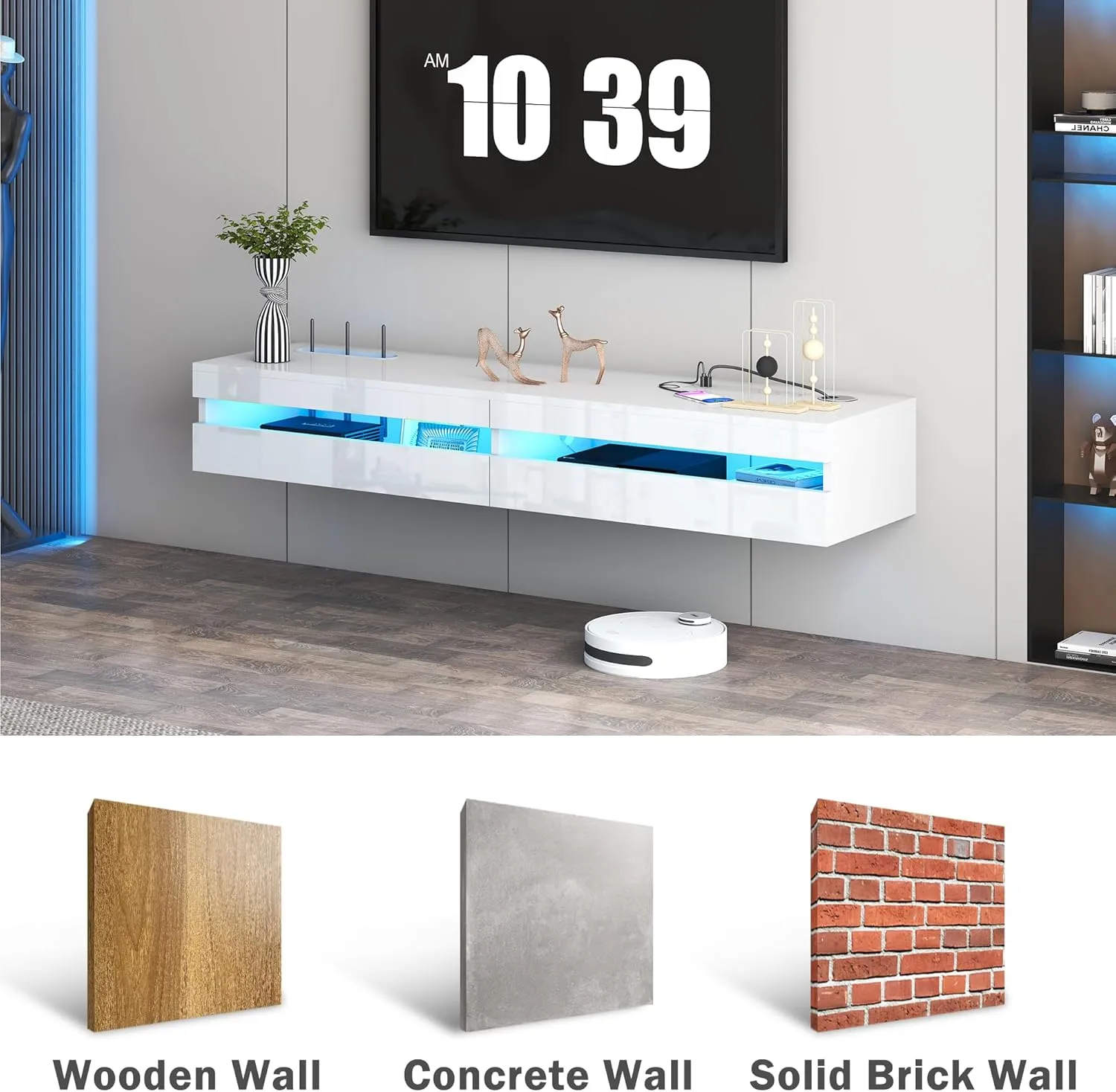 Floating TV Stand - 47'' Floating Entertainment Center with LED Light & Charging Station, Floating TV Shelf with Storage for Small Spaces Apartments, Media Console for TVs Up to 50 INCH