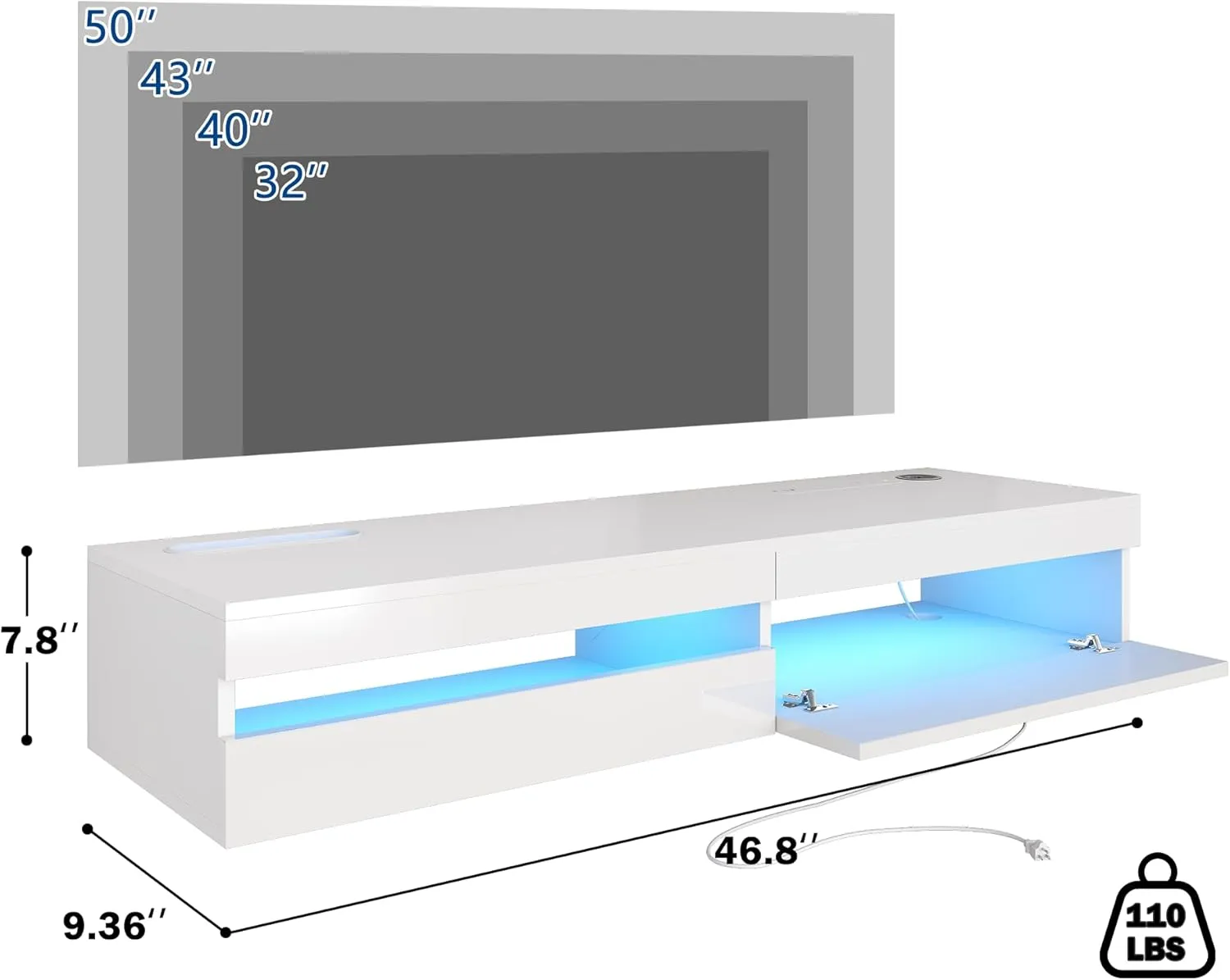 Floating TV Stand - 47'' Floating Entertainment Center with LED Light & Charging Station, Floating TV Shelf with Storage for Small Spaces Apartments, Media Console for TVs Up to 50 INCH
