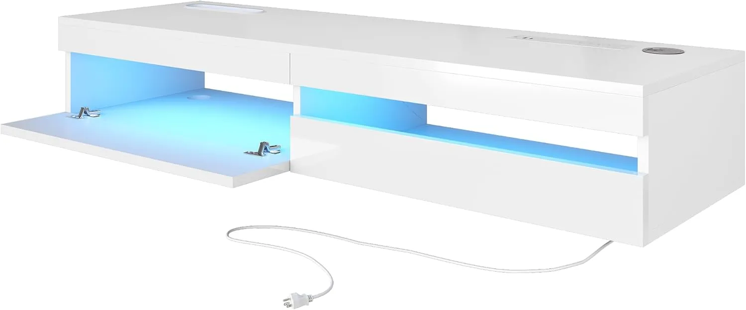 Floating TV Stand - 47'' Floating Entertainment Center with LED Light & Charging Station, Floating TV Shelf with Storage for Small Spaces Apartments, Media Console for TVs Up to 50 INCH
