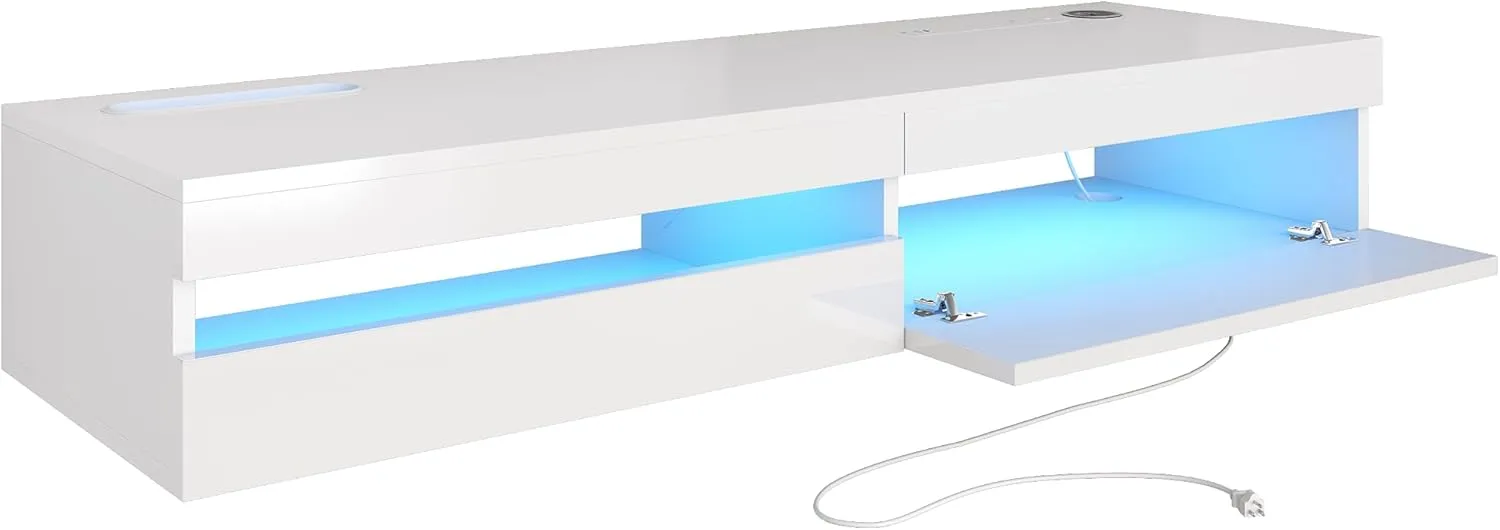 Floating TV Stand - 47'' Floating Entertainment Center with LED Light & Charging Station, Floating TV Shelf with Storage for Small Spaces Apartments, Media Console for TVs Up to 50 INCH