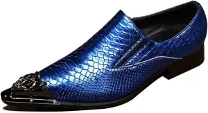 Formal Loafer Dress Oxford for Men Animal Pattern Pointed Metal Toe Flat Heel Slip On for Business Genuine Leather