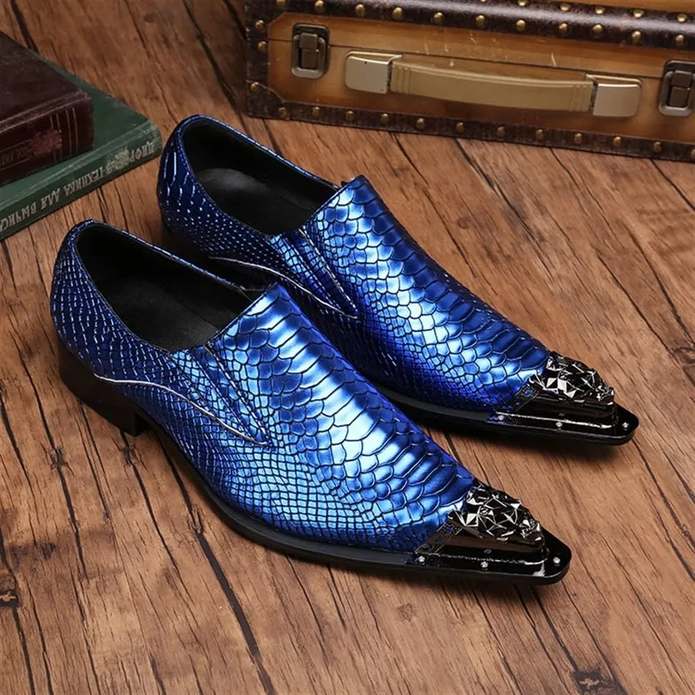 Formal Loafer Dress Oxford for Men Animal Pattern Pointed Metal Toe Flat Heel Slip On for Business Genuine Leather