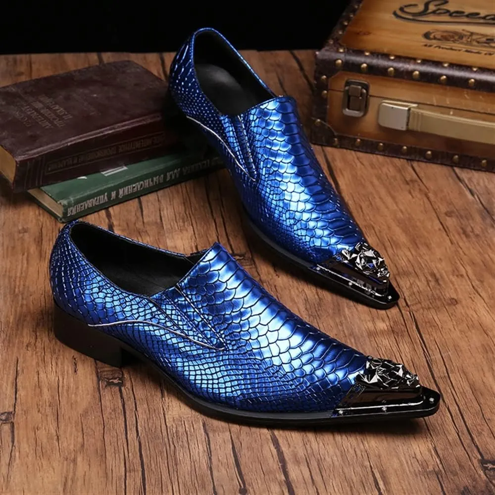 Formal Loafer Dress Oxford for Men Animal Pattern Pointed Metal Toe Flat Heel Slip On for Business Genuine Leather