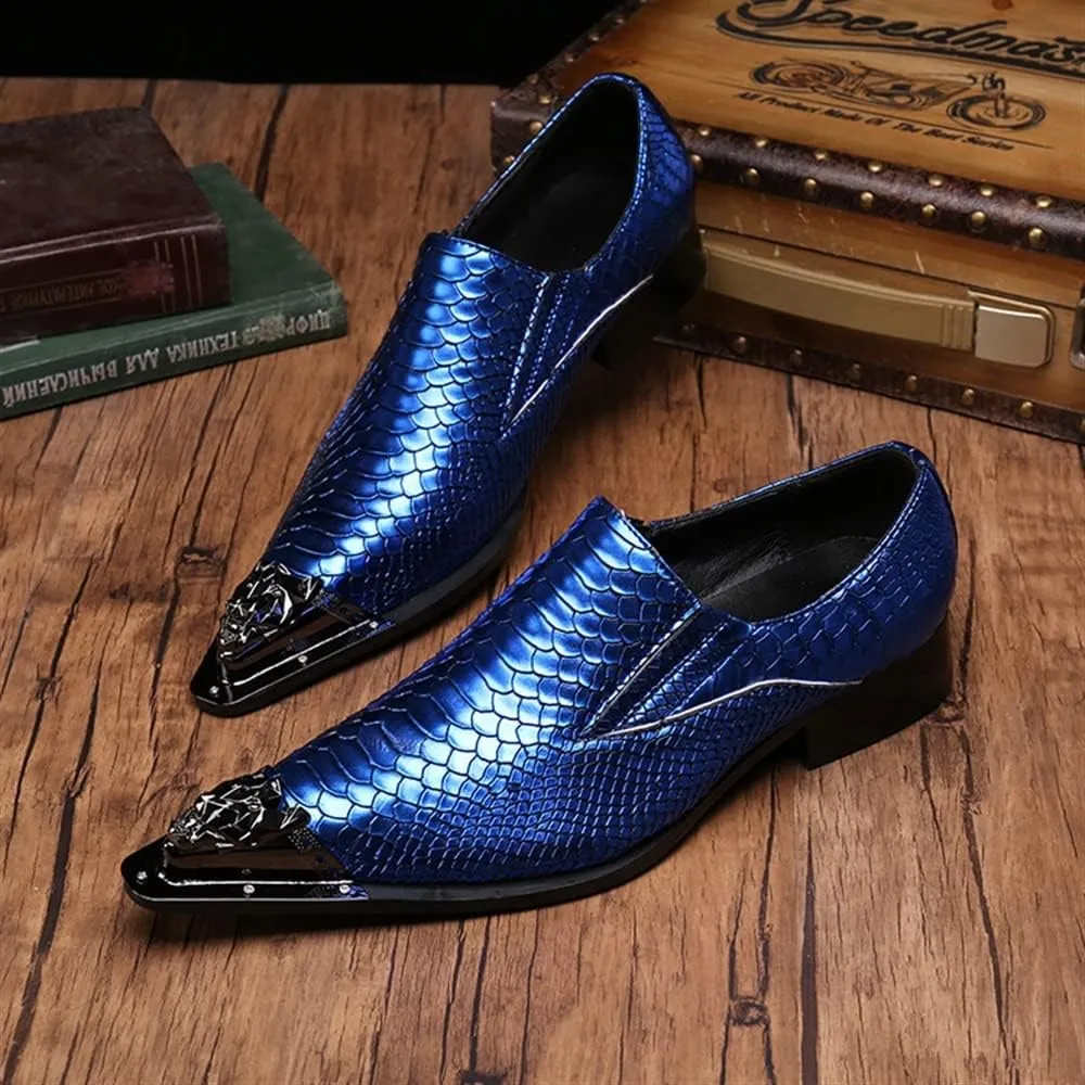 Formal Loafer Dress Oxford for Men Animal Pattern Pointed Metal Toe Flat Heel Slip On for Business Genuine Leather