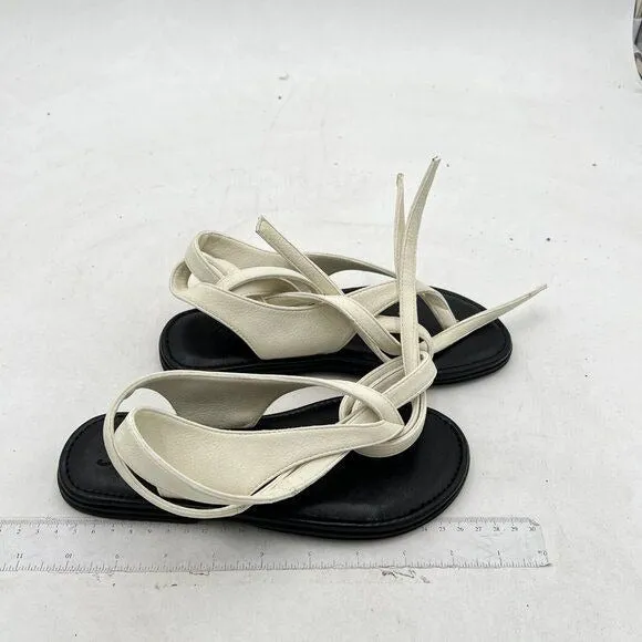 FOWT Beige Split Round Toe Sandals Lace up Strappy Flats Soft Flip Flop Shoes