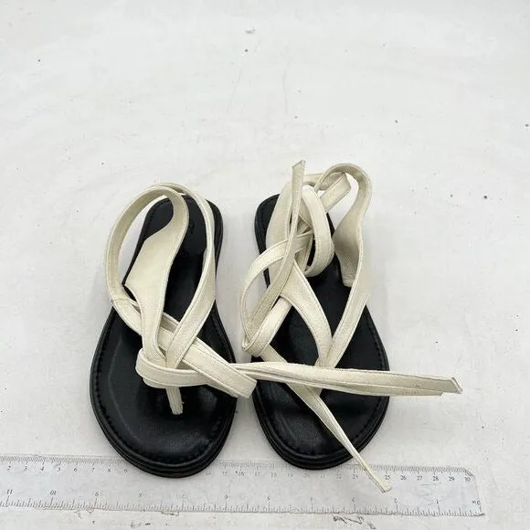 FOWT Beige Split Round Toe Sandals Lace up Strappy Flats Soft Flip Flop Shoes