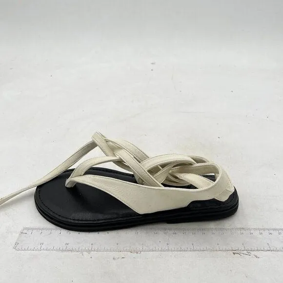 FOWT Beige Split Round Toe Sandals Lace up Strappy Flats Soft Flip Flop Shoes