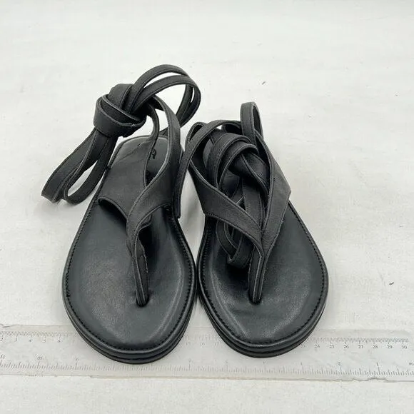 FOWT Black Split Round Toe Sandals Lace up Strappy Soft Flip Flop Flats Shoes