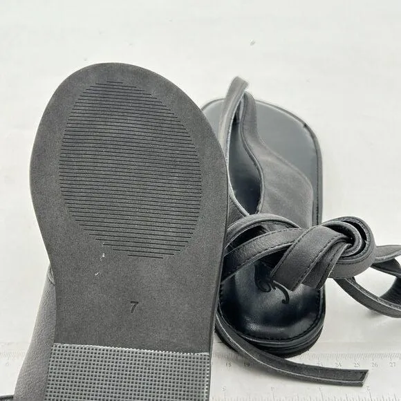 FOWT Black Split Round Toe Sandals Lace up Strappy Soft Flip Flop Flats Shoes