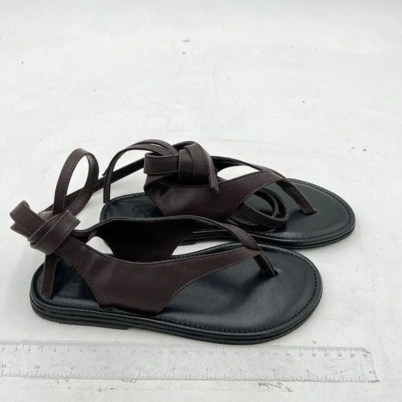 FOWT Dark Brown Split Round Toe Sandals Lace up Strappy Soft Flip Flop Flat Shoe