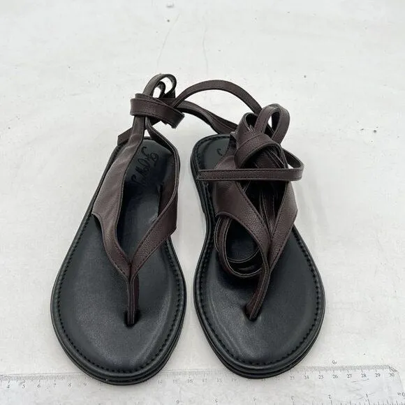 FOWT Dark Brown Split Round Toe Sandals Lace up Strappy Soft Flip Flop Flat Shoe