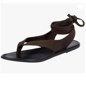 FOWT Dark Brown Split Round Toe Sandals Lace up Strappy Soft Flip Flop Flat Shoe