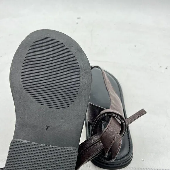 FOWT Dark Brown Split Round Toe Sandals Lace up Strappy Soft Flip Flop Flat Shoe