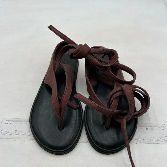 FOWT Wine Split Round Toe Sandals Lace up Strappy Soft Flip Flop Shoes Flats