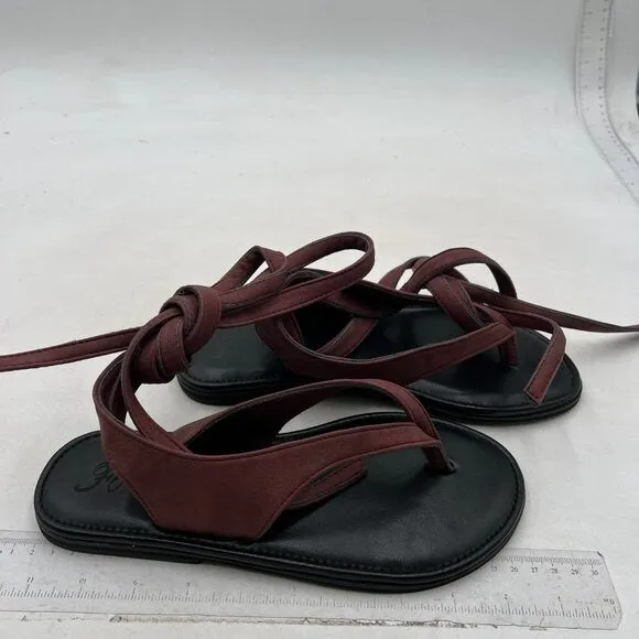 FOWT Wine Split Round Toe Sandals Lace up Strappy Soft Flip Flop Shoes Flats