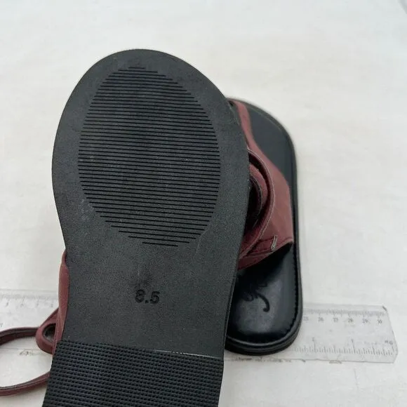 FOWT Wine Split Round Toe Sandals Lace up Strappy Soft Flip Flop Shoes Flats