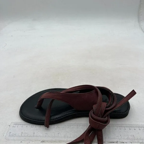FOWT Wine Split Round Toe Sandals Lace up Strappy Soft Flip Flop Shoes Flats