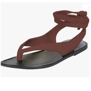 FOWT Wine Split Round Toe Sandals Lace up Strappy Soft Flip Flop Shoes Flats