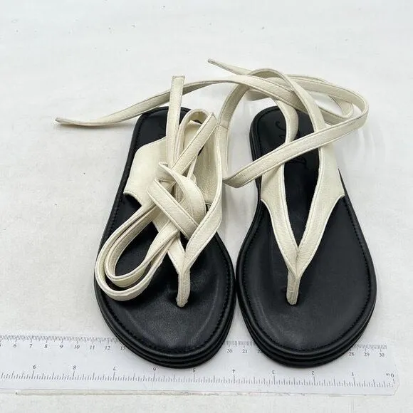 FOWT Women Split Round Toe Sandals Lace up Strappy Comfortable Flats White