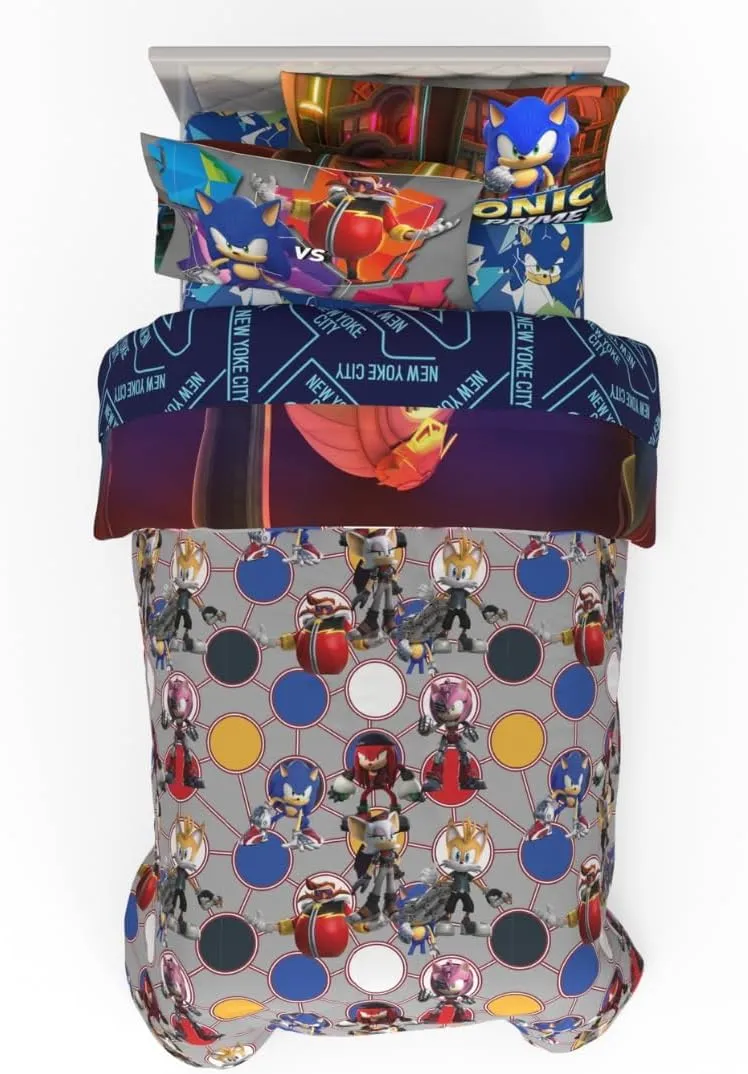 Franco Sonic The Hedgehog Prime Anime Kids Bedding Super Soft Comforter and Sheet Set, 4 Piece Twin Size, (Officially Licensed Product)
