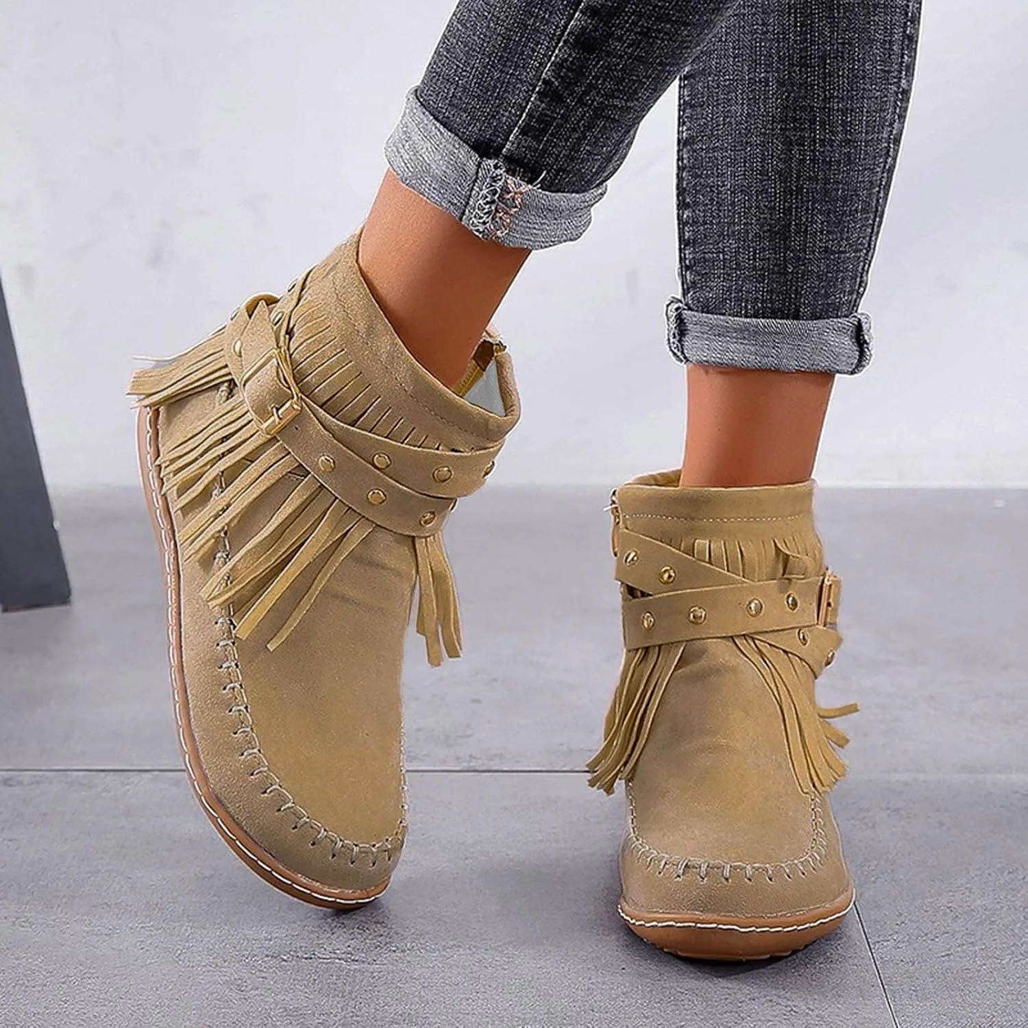 Fringe Ankle Boots for Women,Women's Vintage Boho Tassel Fringe Boots Round Toe Suede Flat Shoes Side Zipper Ankle Booties Slip On Mid Calf Boots Fall Winter Dress Shoes for Lady Girl