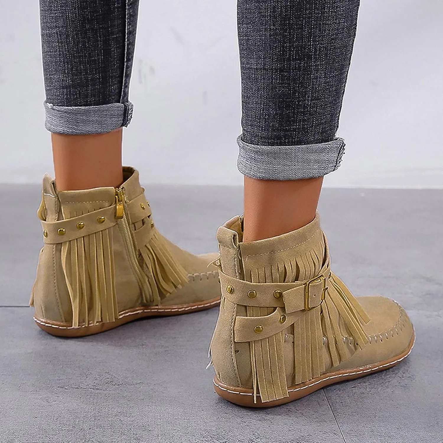 Fringe Ankle Boots for Women,Women's Vintage Boho Tassel Fringe Boots Round Toe Suede Flat Shoes Side Zipper Ankle Booties Slip On Mid Calf Boots Fall Winter Dress Shoes for Lady Girl