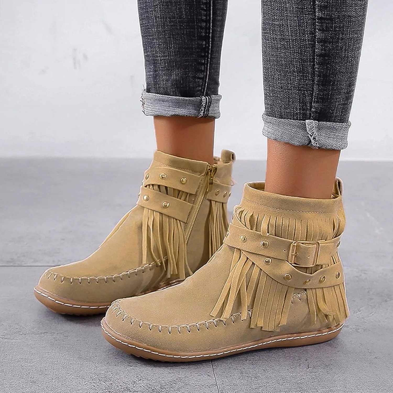 Fringe Ankle Boots for Women,Women's Vintage Boho Tassel Fringe Boots Round Toe Suede Flat Shoes Side Zipper Ankle Booties Slip On Mid Calf Boots Fall Winter Dress Shoes for Lady Girl