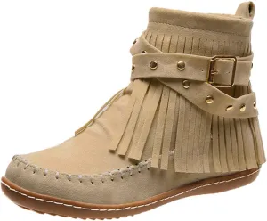 Fringe Ankle Boots for Women,Women's Vintage Boho Tassel Fringe Boots Round Toe Suede Flat Shoes Side Zipper Ankle Booties Slip On Mid Calf Boots Fall Winter Dress Shoes for Lady Girl