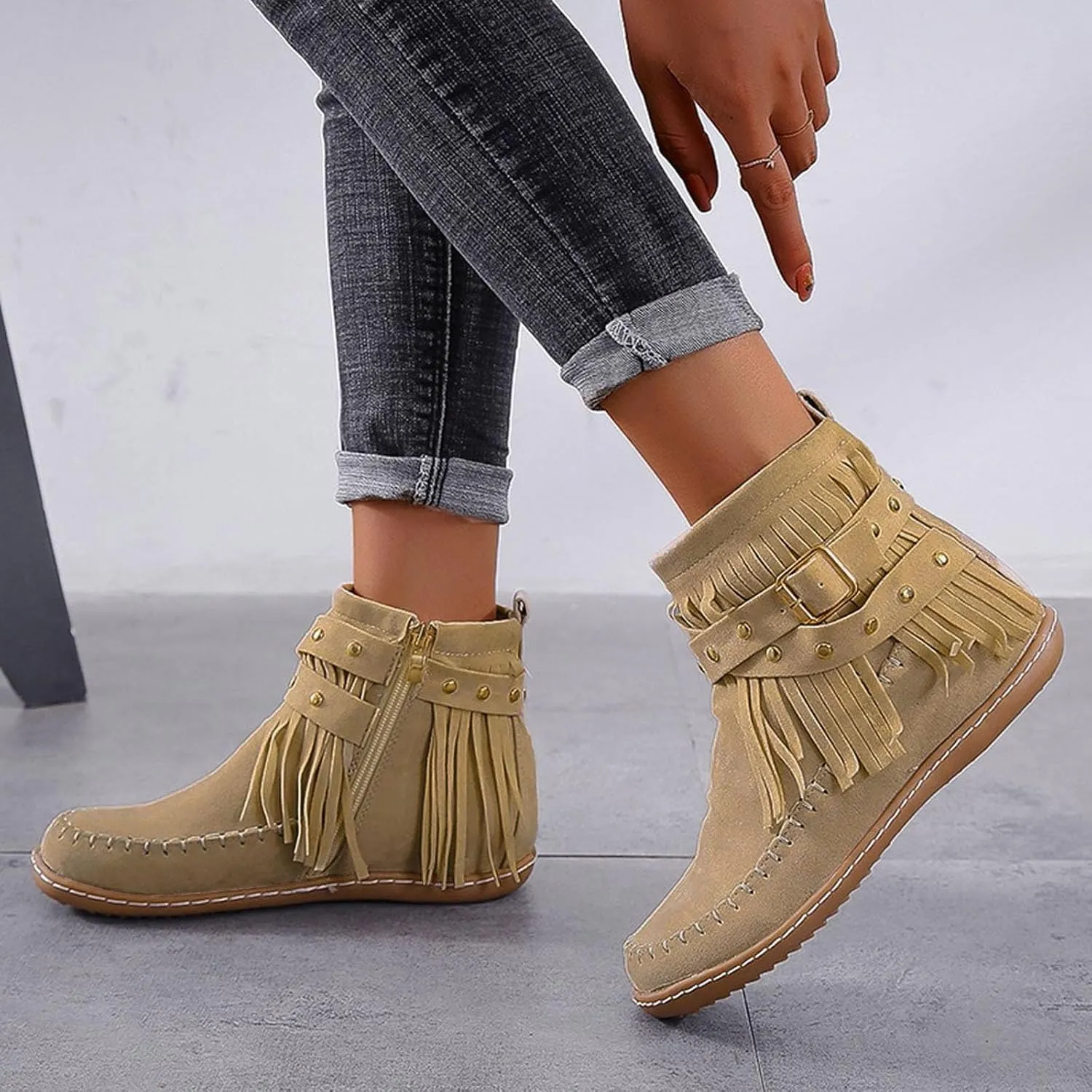 Fringe Ankle Boots for Women,Women's Vintage Boho Tassel Fringe Boots Round Toe Suede Flat Shoes Side Zipper Ankle Booties Slip On Mid Calf Boots Fall Winter Dress Shoes for Lady Girl