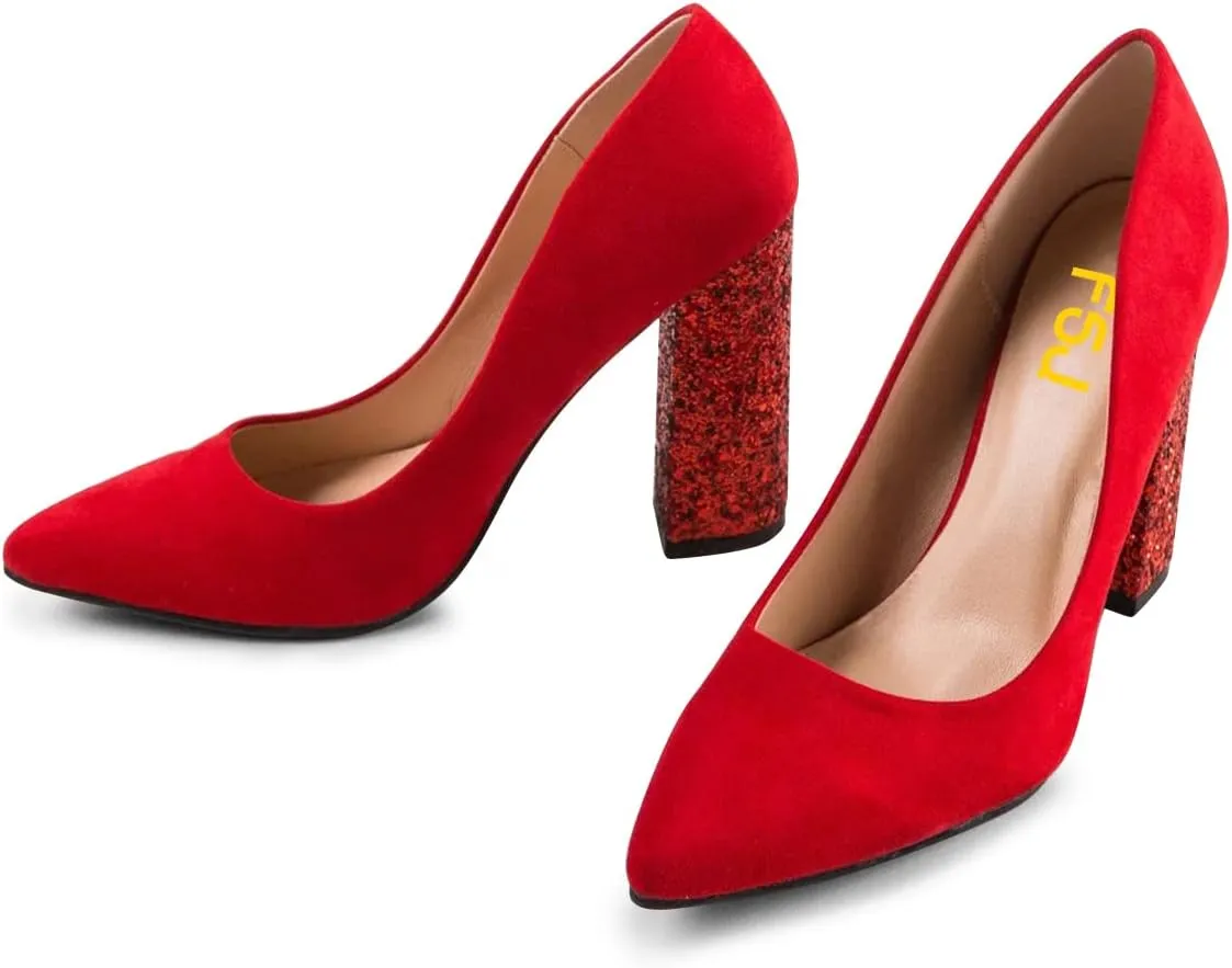 FSJ Women Sparkling Glitter Chunky High Heel Suede Pumps Closed Pointed Toe Slip On Block Heel Ladies Classic Basic Office Outfit Shoes Size 4-15 US