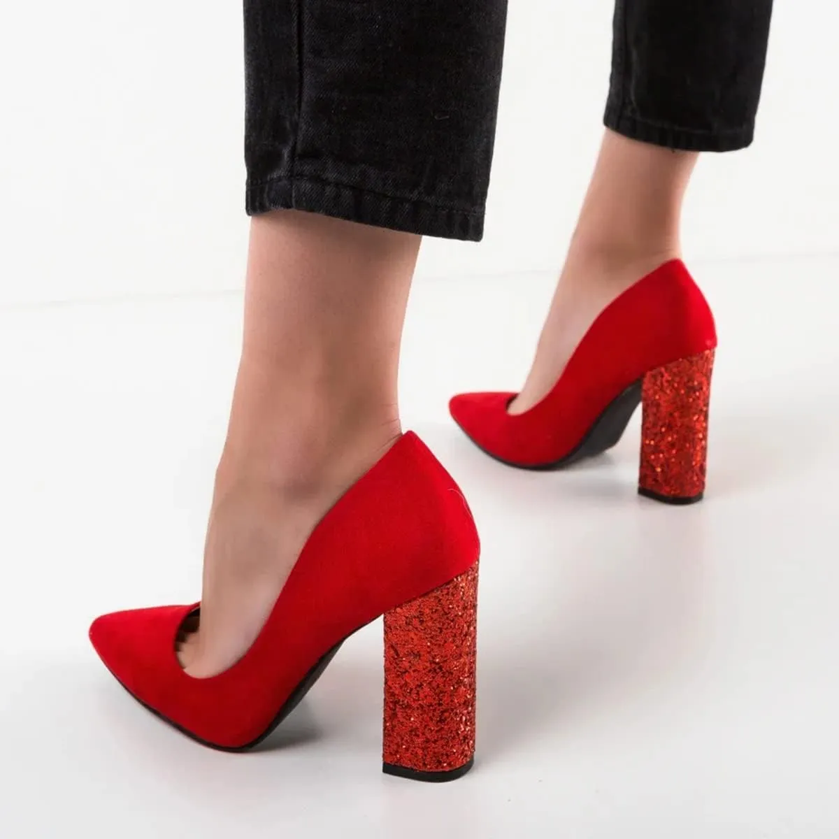 FSJ Women Sparkling Glitter Chunky High Heel Suede Pumps Closed Pointed Toe Slip On Block Heel Ladies Classic Basic Office Outfit Shoes Size 4-15 US