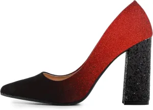 FSJ Women Sparkling Glitter Chunky High Heel Suede Pumps Closed Pointed Toe Slip On Block Heel Ladies Classic Basic Office Outfit Shoes Size 4-15 US