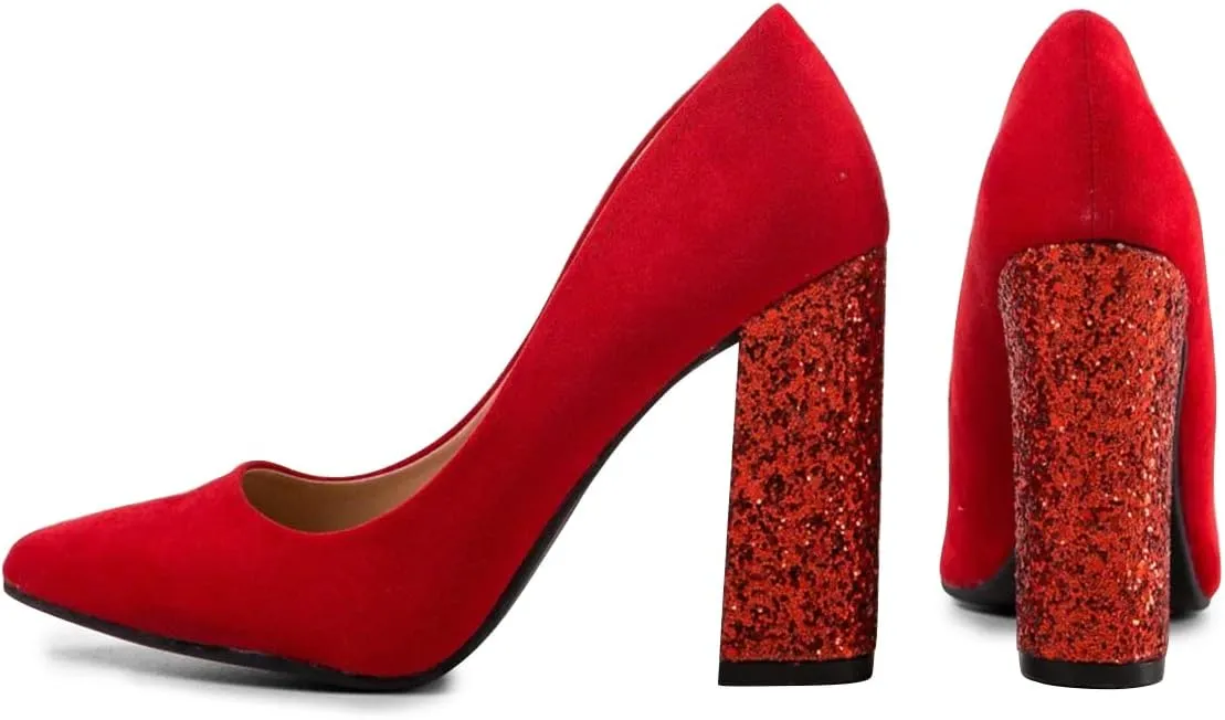 FSJ Women Sparkling Glitter Chunky High Heel Suede Pumps Closed Pointed Toe Slip On Block Heel Ladies Classic Basic Office Outfit Shoes Size 4-15 US