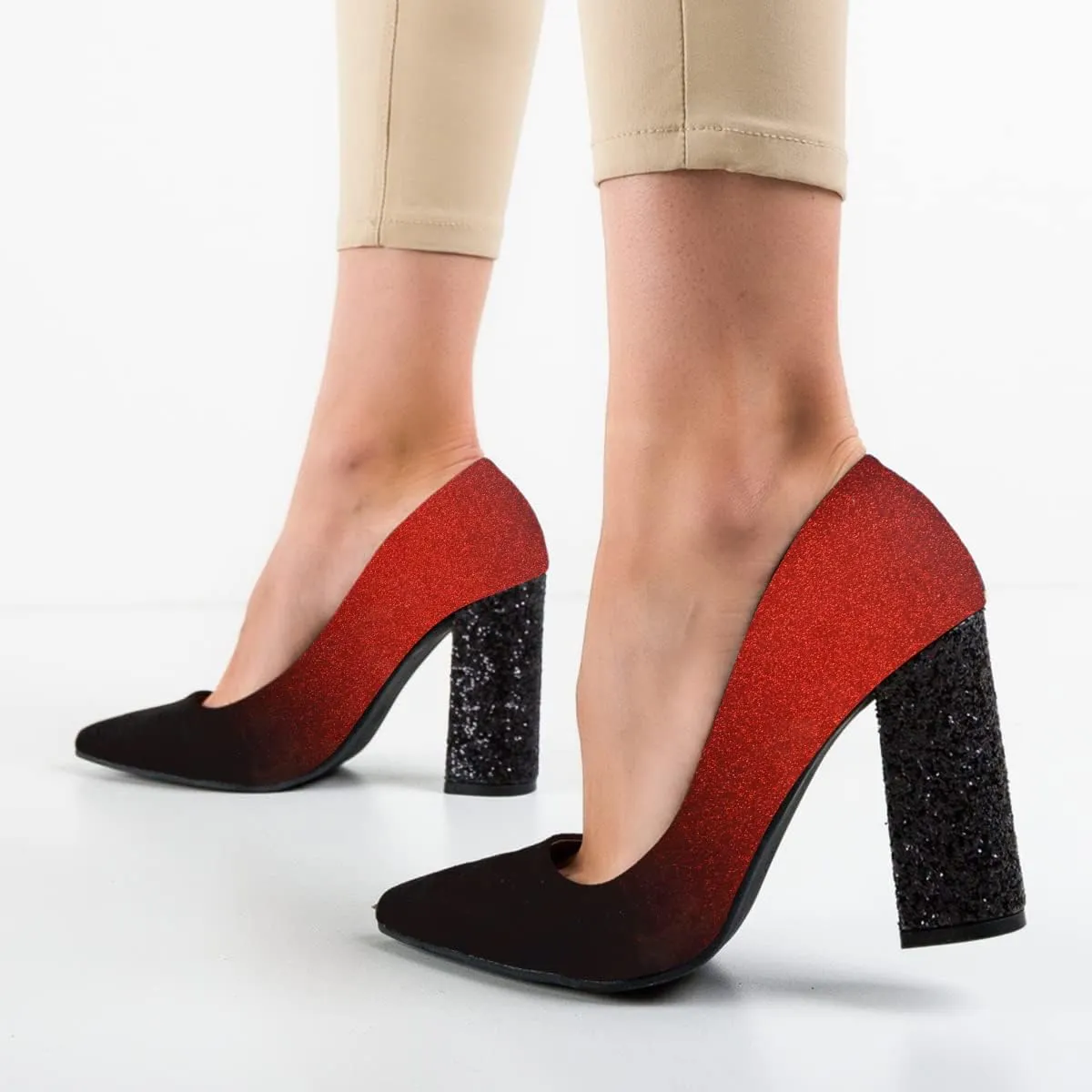 FSJ Women Sparkling Glitter Chunky High Heel Suede Pumps Closed Pointed Toe Slip On Block Heel Ladies Classic Basic Office Outfit Shoes Size 4-15 US