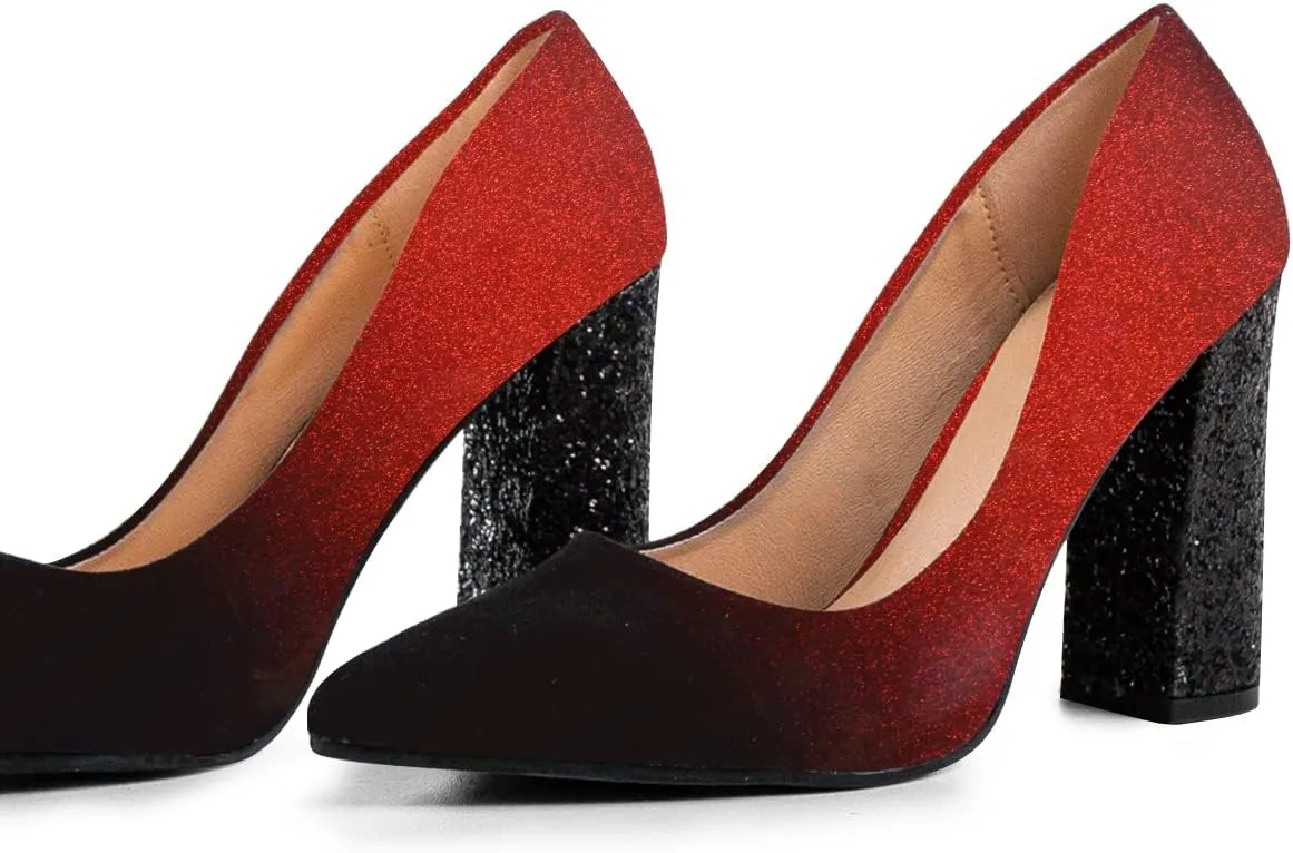 FSJ Women Sparkling Glitter Chunky High Heel Suede Pumps Closed Pointed Toe Slip On Block Heel Ladies Classic Basic Office Outfit Shoes Size 4-15 US
